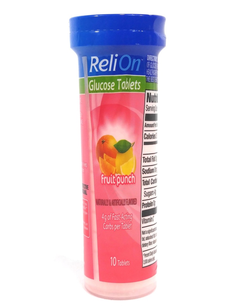 ReliOn Glucose Fruit Punch, 10 tablet, On-The-Go Tube.