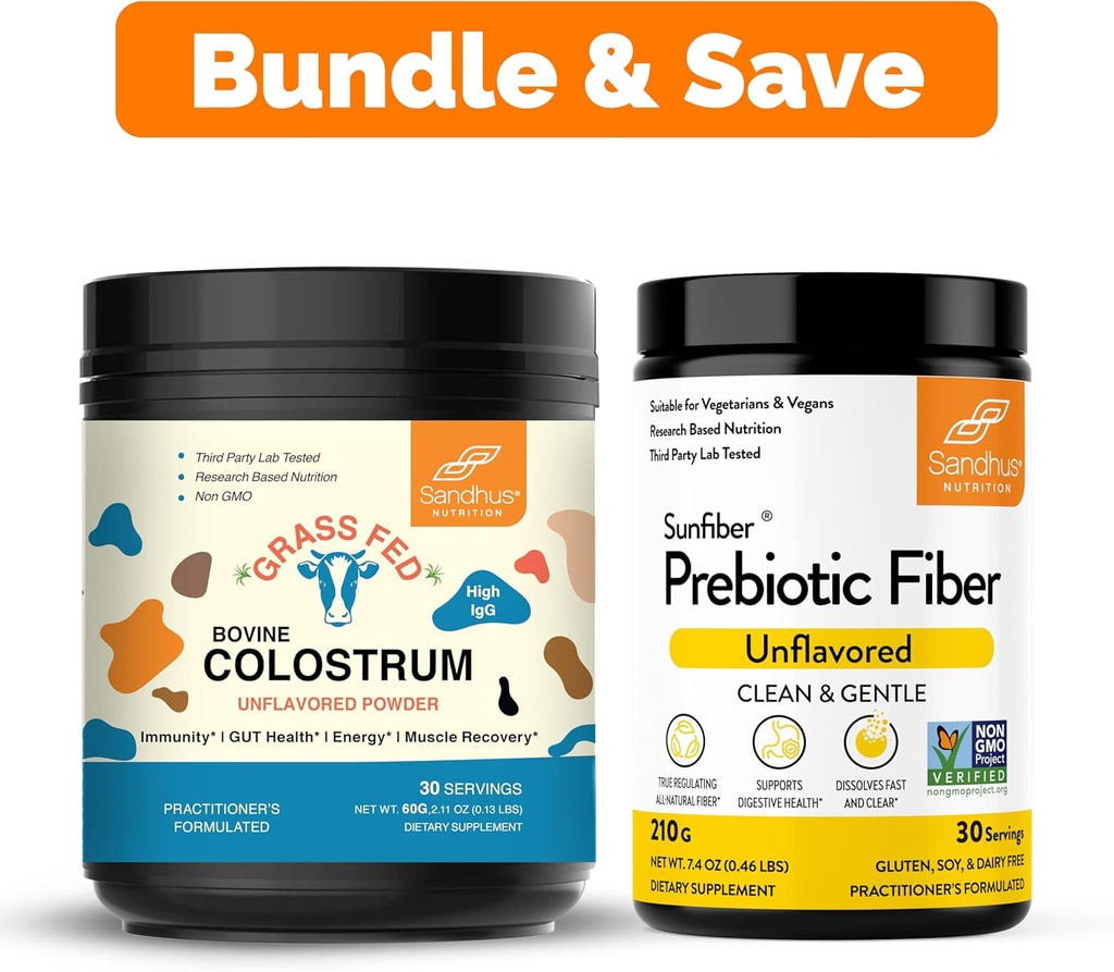 Sandhu's Pure goveji kolostrum v prahu dodatek za ljudi 30 Servings & Prebiotic Fiber dodatek v prahu 