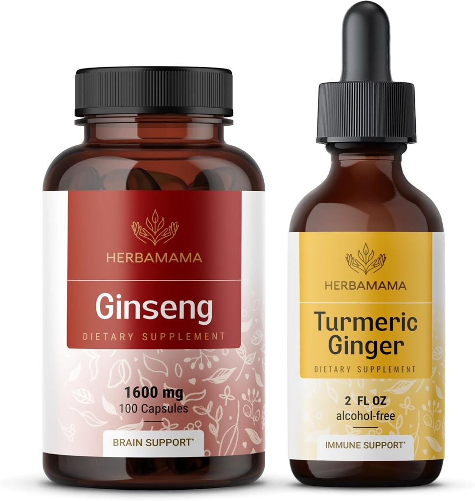 HERBAMA korejska rdeča ginseng in kurkuma ingver komplet - paket korejskih panax ginseng kapsul in kurkuma ingver tekočih kapljic - veganske, ne-GMO, sladkor in alkohol brez - 2 pakiranji