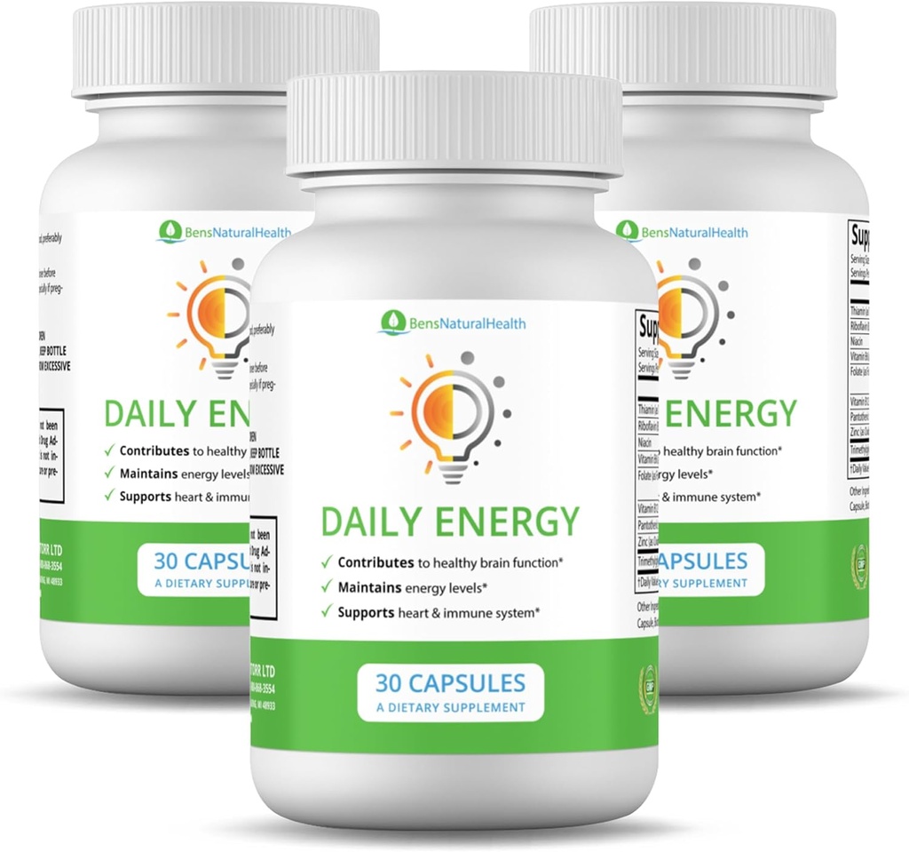 Ben's Natural Health Daily Energy B-Vitamin Complex s TMG in cinkom za naravno energijo, Stres, Focus & Imunska podpora, 30 kapsul, 3 paket