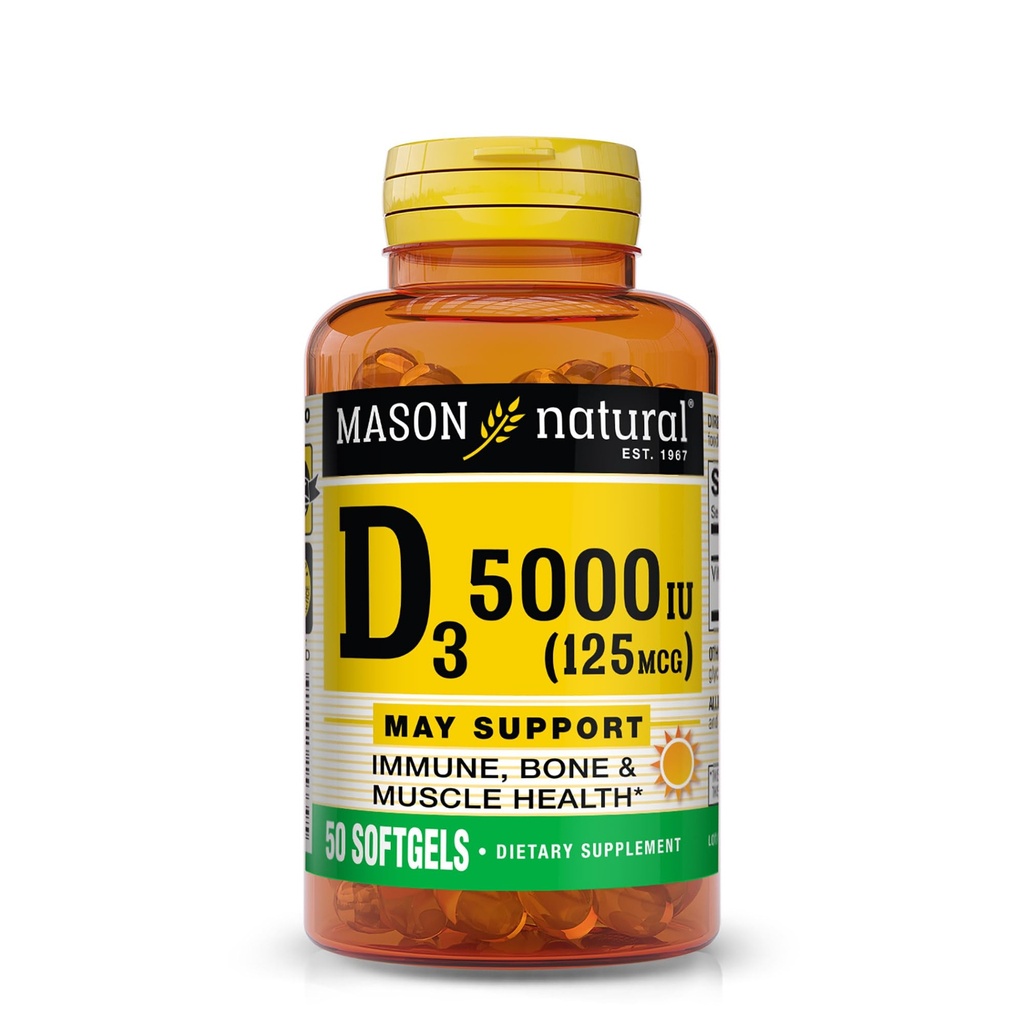 MASON NATURAL Vitamin D3 125 μg (5000 i. e.), podpira zdravje kosti, mišic in imunskega sistema, iz ribjega jetrnega olja, 50 kapsul, pakiranje po 3