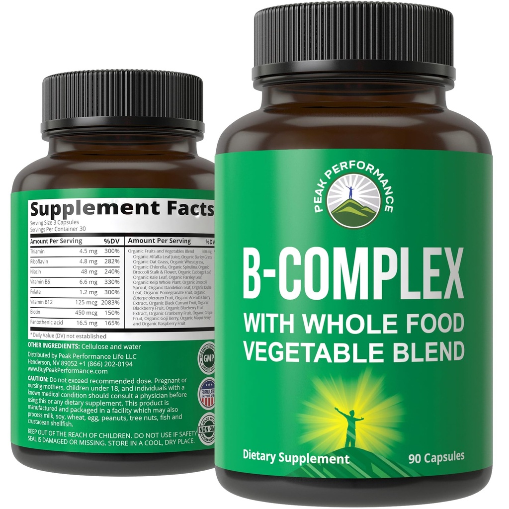 Vitamin B kompleksne kapsule + celotna živilska mešanica 25 Zelenjava in sadje za maksimalno absorpcijo. Najboljši veganski B-kompleks dodatek z vitaminom B1, B2, B3, B5, B6, B7, B9 in B12, 90 kapsule. Energetsko povečanje