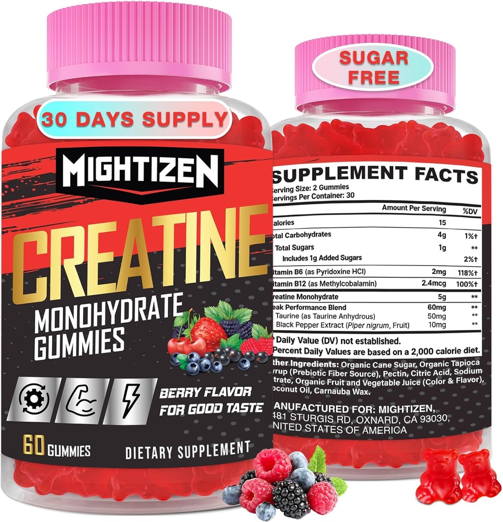 Kreatin monohidrat Gumiji za moške in ženske, Kreatin za ženske Žvečilni kreatin monohidrat s tavrinom in vitaminom B12, predworkout Gumiji za največjo moč, energijo in vzdržljivost, število Berry 60