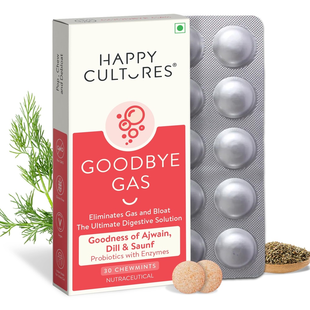 Happy Cultures Zbogom plin, Žvečljivi plin Relief Kapsule za digestivno zdravje, napihnjenost in prebavne motnje s Simeticone 50mg - 30 Žvečilni