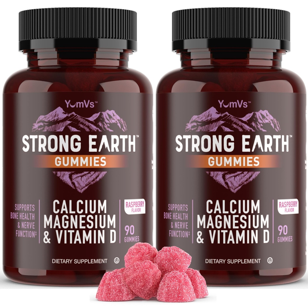 YUM-V'S Strong Earth Kalcij, Magnezij, Vitamin D3 Gumies - Vitamin Gumies Kalcijev dodatek za močno zdravje kosti Gumies - Kosher 90 Število (Pack of 2)