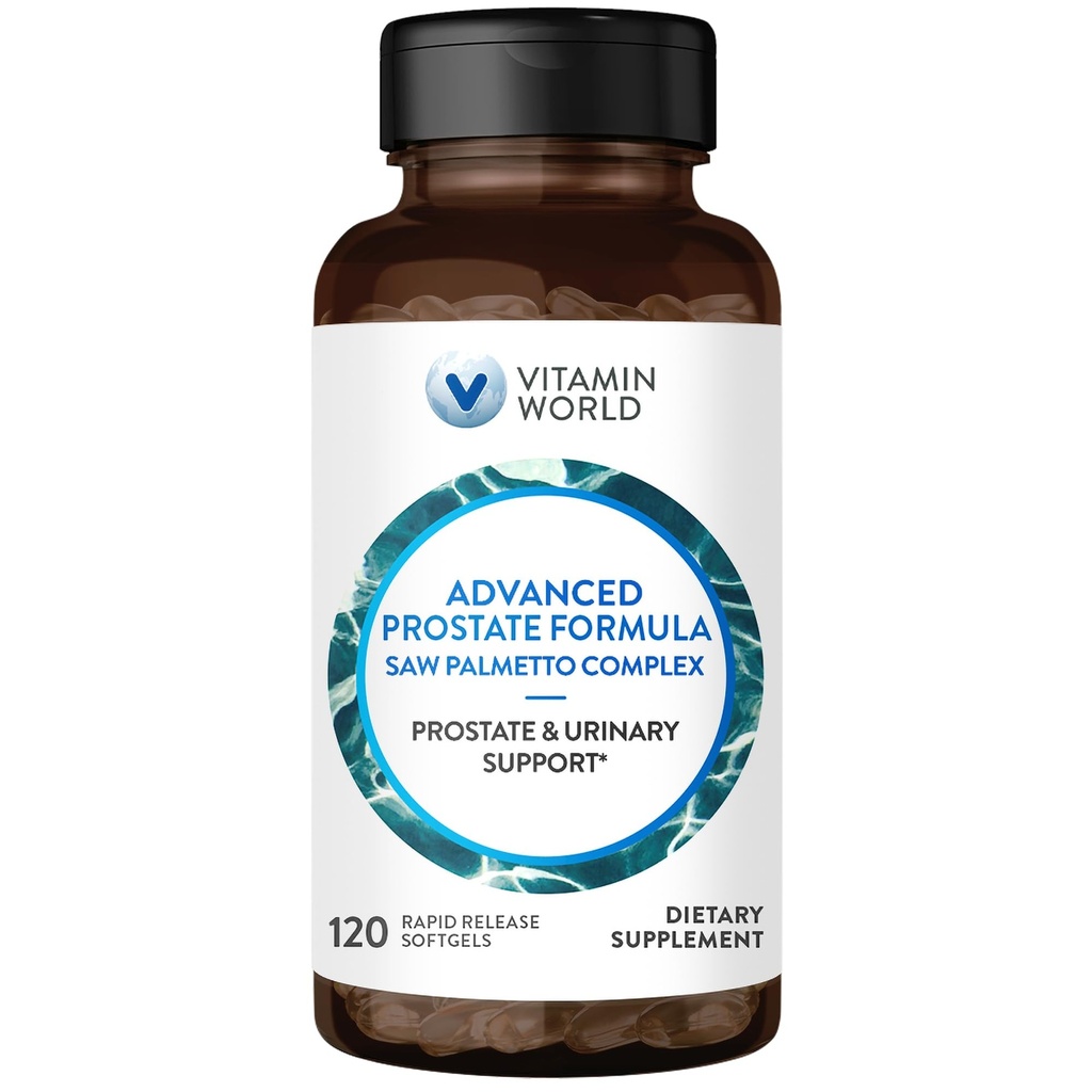 Vitamin World Advanced Prostata Formula Saw Palmetto Complex 120 Softgels, Podpira zdravje prostate, zdravje urina, hitro sproščanje, Gluten prost