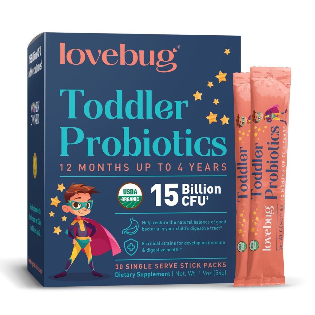 Lovebug Kids Probiotic Powder s Prebiotic Fiber - Toddler Immunity Support & Constipation Relief - USDA Organic Probiotics for Children Gut & Digestive Health (Ages 1-4) - 30 Pack (Nearomatizirana)
