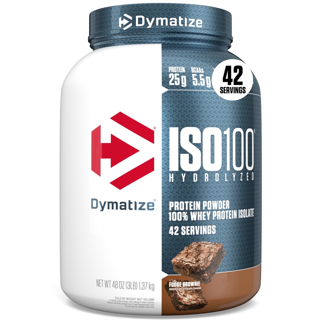 Dymatize ISO100 Whey Protein Powder Isolate, Fudge Brownie, 25 g beljakovin, 3 funti, 5,5 g BCAA, manj kot 120 kal., Gluten brez, 1 g maščobe, 1 g sladkorja, 2 g ogljikovih hidratov (42 servivov)