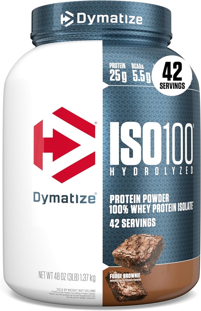 Dymatize ISO100 Whey Protein Powder Isolate, Fudge Brownie, 25 g beljakovin, 3 funti, 5,5 g BCAA, manj kot 120 kal., Gluten brez, 1 g maščobe, 1 g sladkorja, 2 g ogljikovih hidratov (42 servivov)