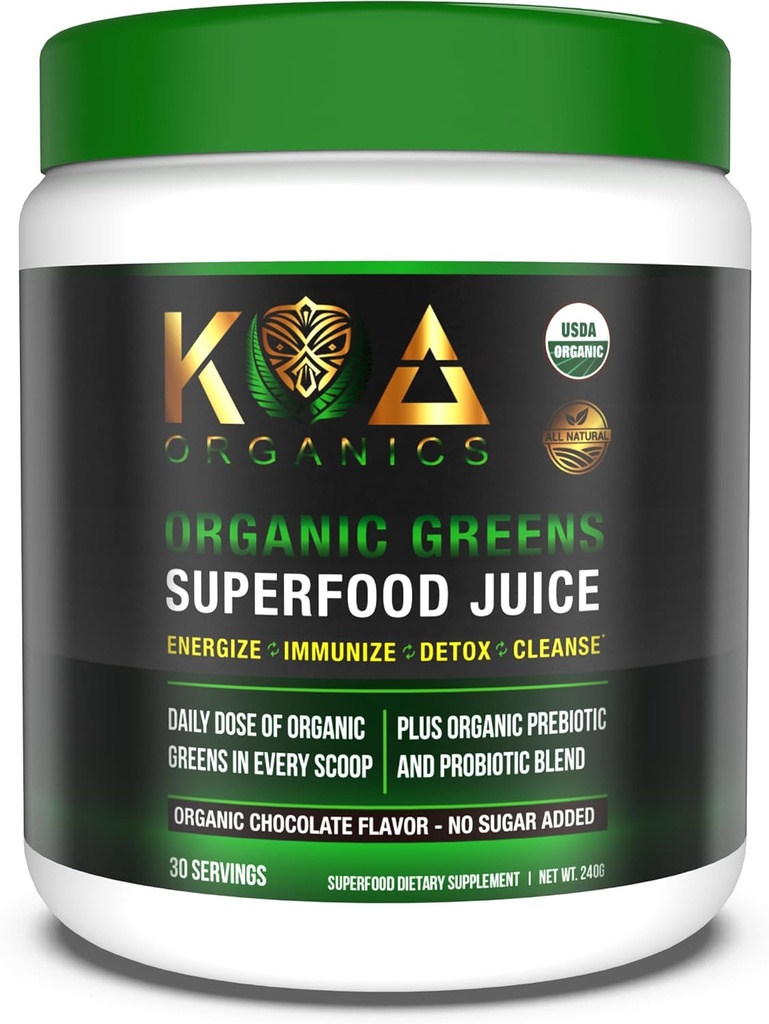 Zeleni superživilski sok v prahu - USDA Organski superzeleni prašek s Spirulina, Klorela, Matcha, pšenična trava, prebavni encimi in probiotiki - 30 Serv