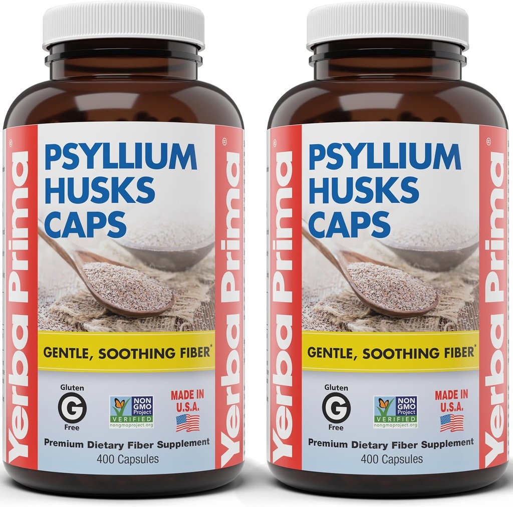 Yerba Prima Psyllium Husks Caps, 625 mg, 400 Kapsule (paket po 2) - Naravna Fiber za moške in ženske - podpora za rednost