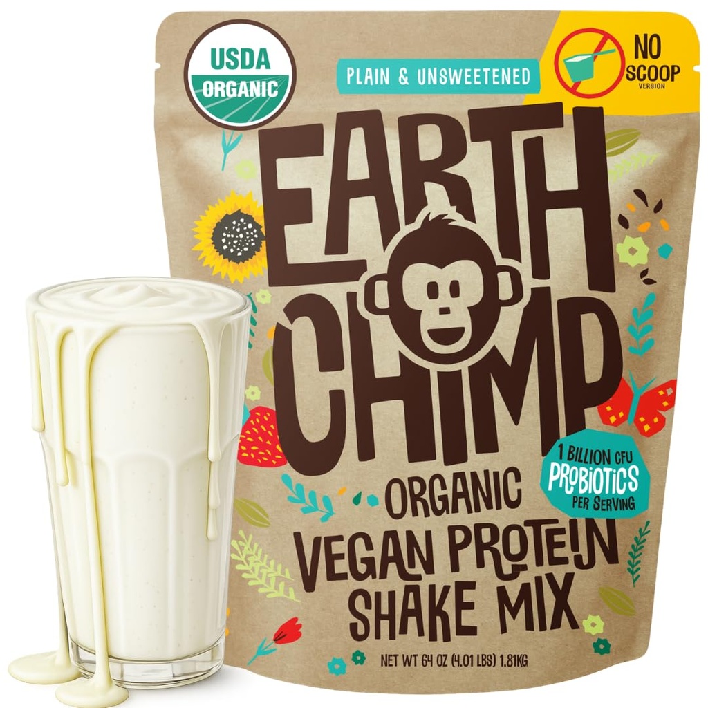 EarthChimp Organic Vegan Protein Powder - brez gensko spremenjenih organizmov, brez mleka, brez sirotke, na rastlinski osnovi Protein Powder za ženske in moške, Gluten Free - 52 Servings 64 Oz (Plain & Nesladkan) Brez Scoop
