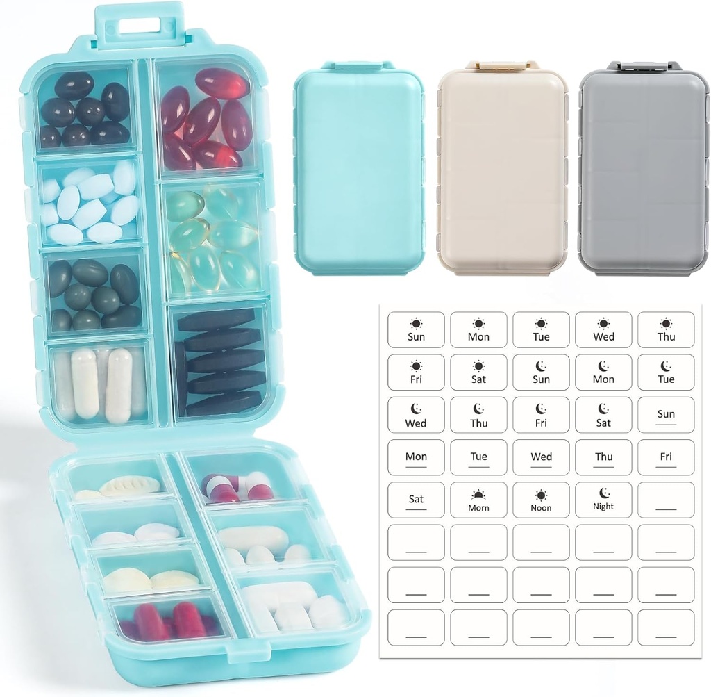 3 Pack, 14 GRIDS potovalne tablete Organizator škatle z nalepkami - Travel Medicine Case Kit - Pocket Daily Lekarna Container - Travel Medicinal Holder Dispenser za ribje olje Vitamin dopolnilno shranjevanje