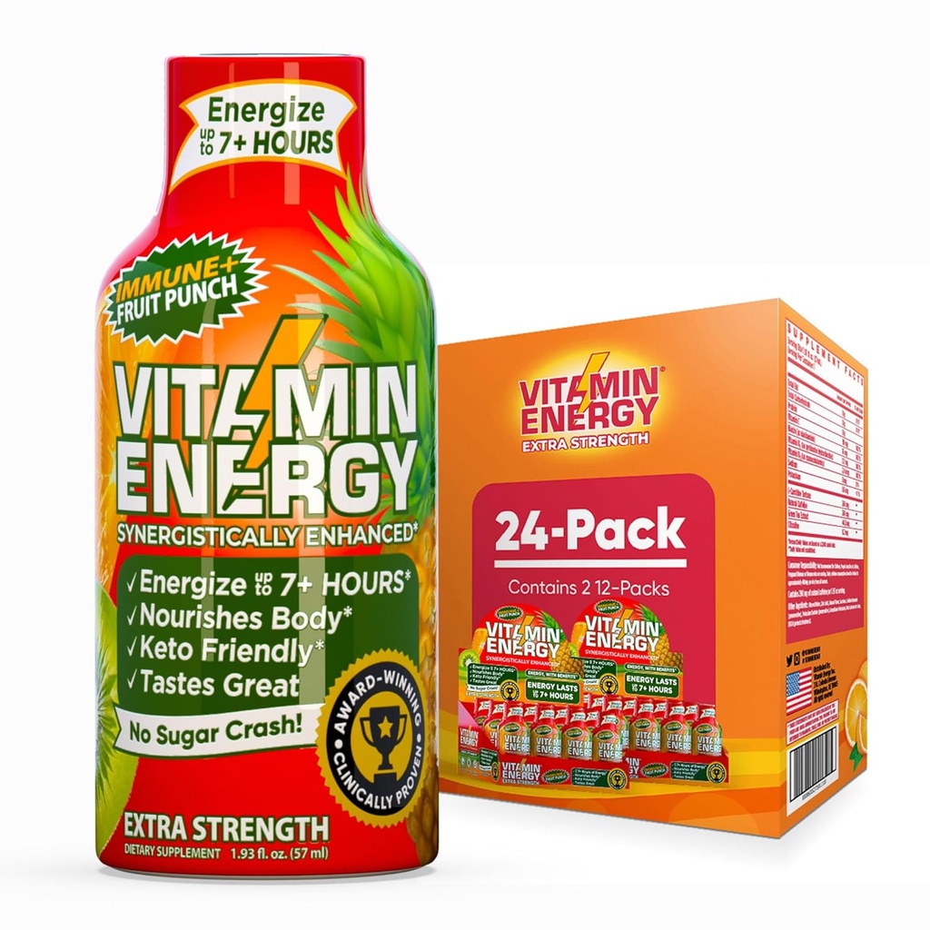 Vitamin Energija Imuno+ Ekstra moč Energija Shot Sadni Punch 24 Pack, 260mg Naravni kofein, B-vitamini, Citicoline, Zeleni čaj, Immuniteta in fokus podpora, Nič sladkorja, Gluten-free 1,93 fl oz