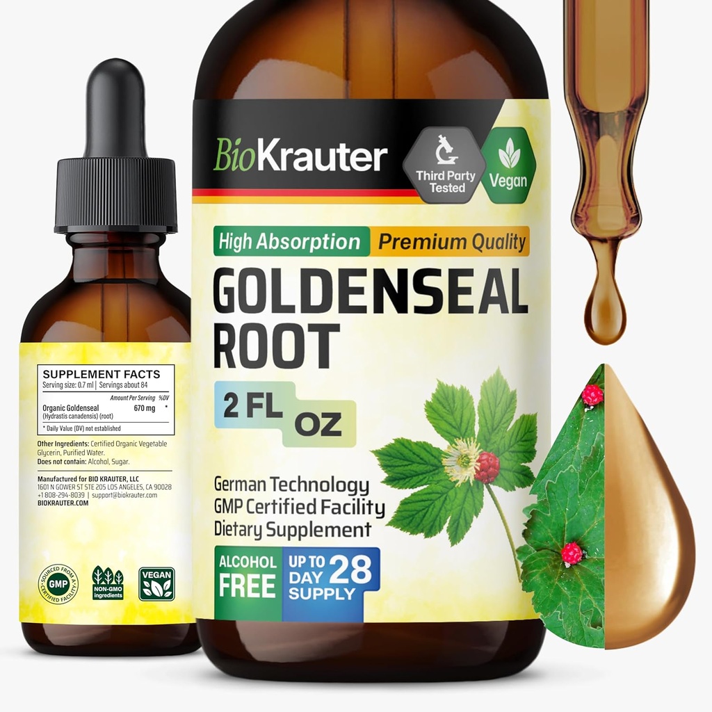 BIO KRAUTER Goldenseal Root Extract Liquid - Veganska dihalna podpora - Kapljice zlatega pečata - Alkohol & Sugar Free - 2 Fl.Oz.