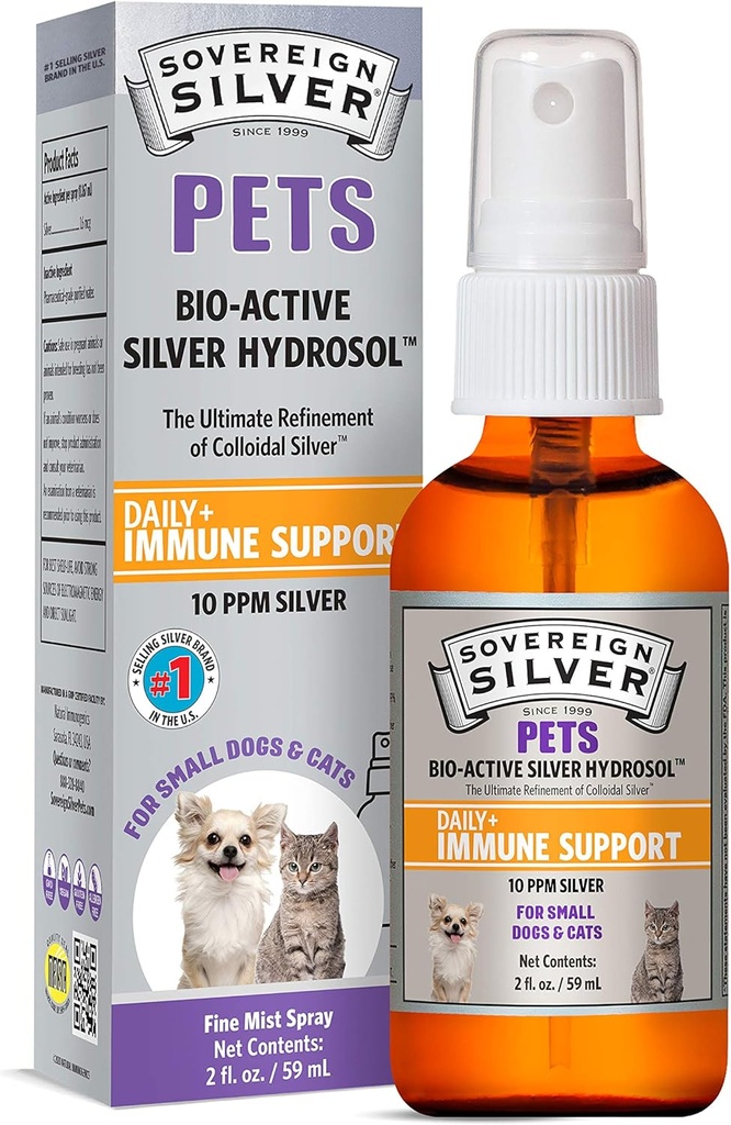 Suveren Silver Pets Imunska podpora, koloidno srebro, bioaktivno srebro Hidrosol, za pse in mačke, 10 ppm, Fine Mist Spray, 2 Fl Oz