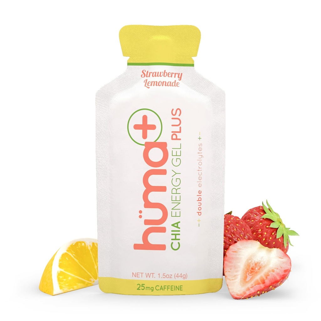 Huma Plus (Dvojni elektroliti) - Chia Energy Gel, Jagodna limonada, 12 Gels, 25mg Kofein - Želodec, Real Food Energy Gels