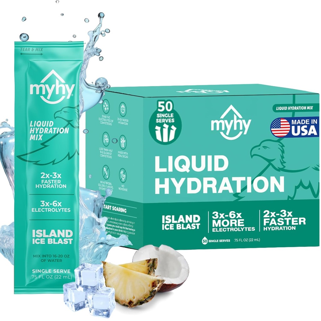 MyHy Hydration Packets, Electrolyte Drink Mix za odrasle in otroke Hydration Podpora, Dehidracija Relief za potovanja, Nosečnost, Fitness, Bachelor & Bachelorette Party – Island Ice, 50 Count