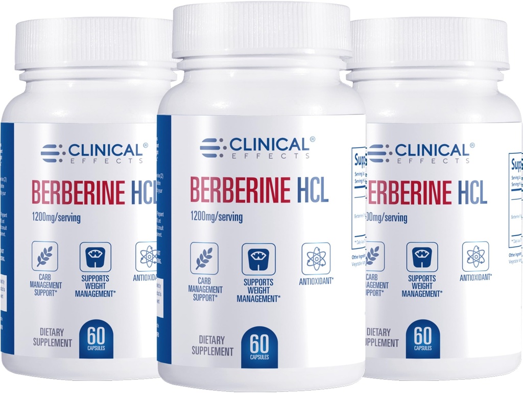 Klinični učinki Berberine HCL - Pure Berberine 1200mg - Podpora jeter - Veganski dodatek - 3 Pack - Izdelano v ZDA