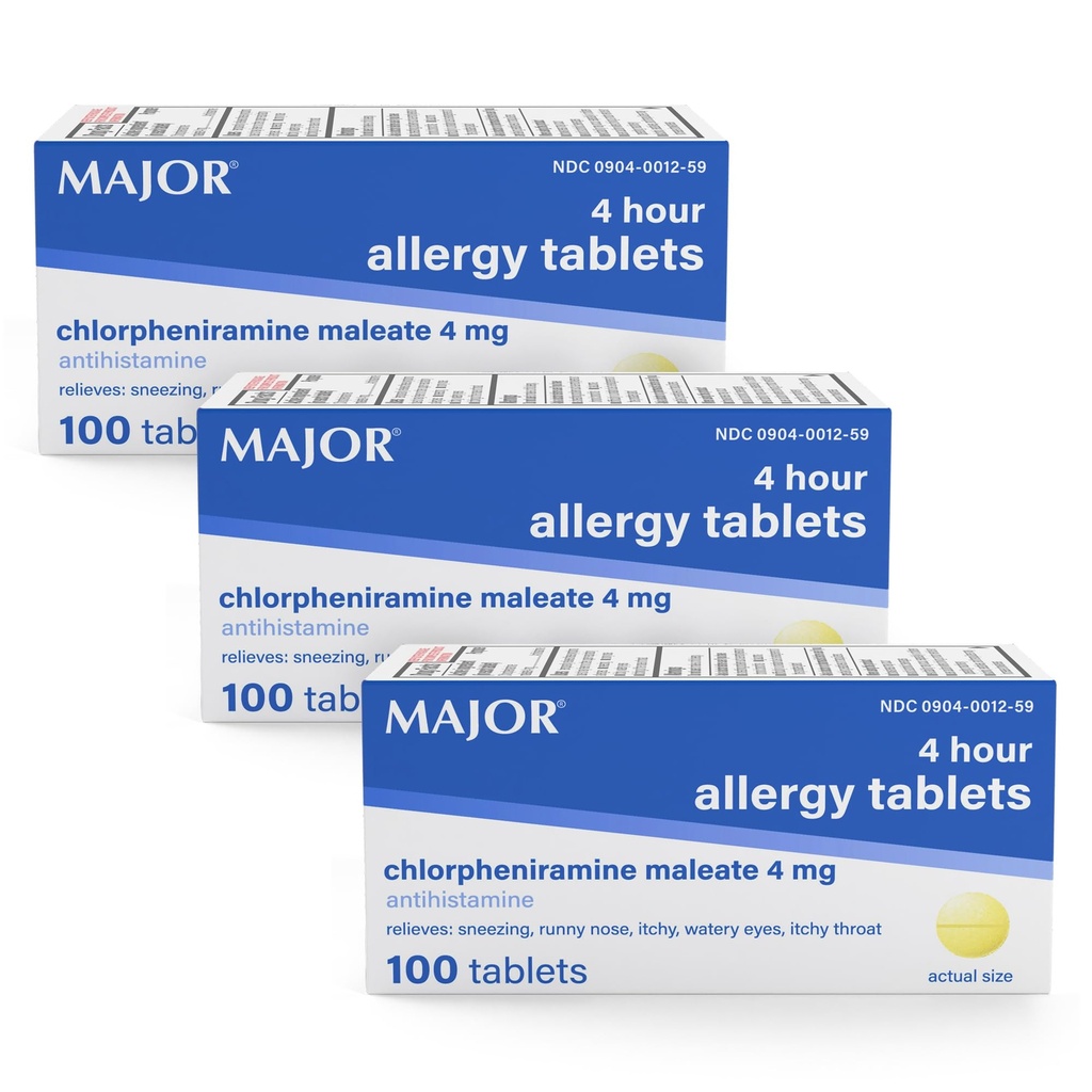 MAJOR 4 Mg Alergija Tablete - Klorfeniramin Maleat 4-urna alergija Medicina - Antihistaminik za lajšanje Sneesing, Srbeče vodene oči, Srbeče grlo, in Runny Nose - 100 Število (3 paket)