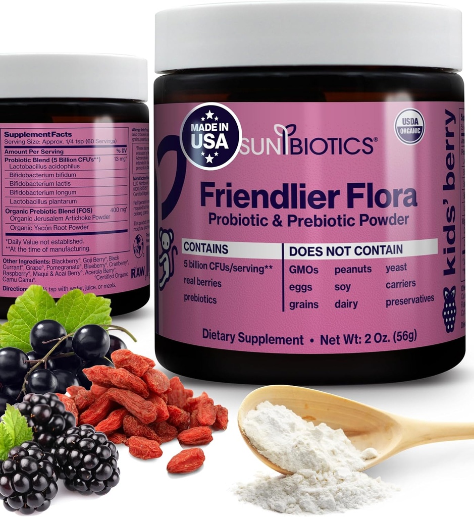 SUNBIOTICS prijaznejša Flora - otroci Prebiotični in probiotični Powder dodatek s 5 milijardami CFUs 5 probiotičnih sevi za dobro gut Floro, imunski sistem, & Balanced mikrobiome - Berry, 2 Ounce