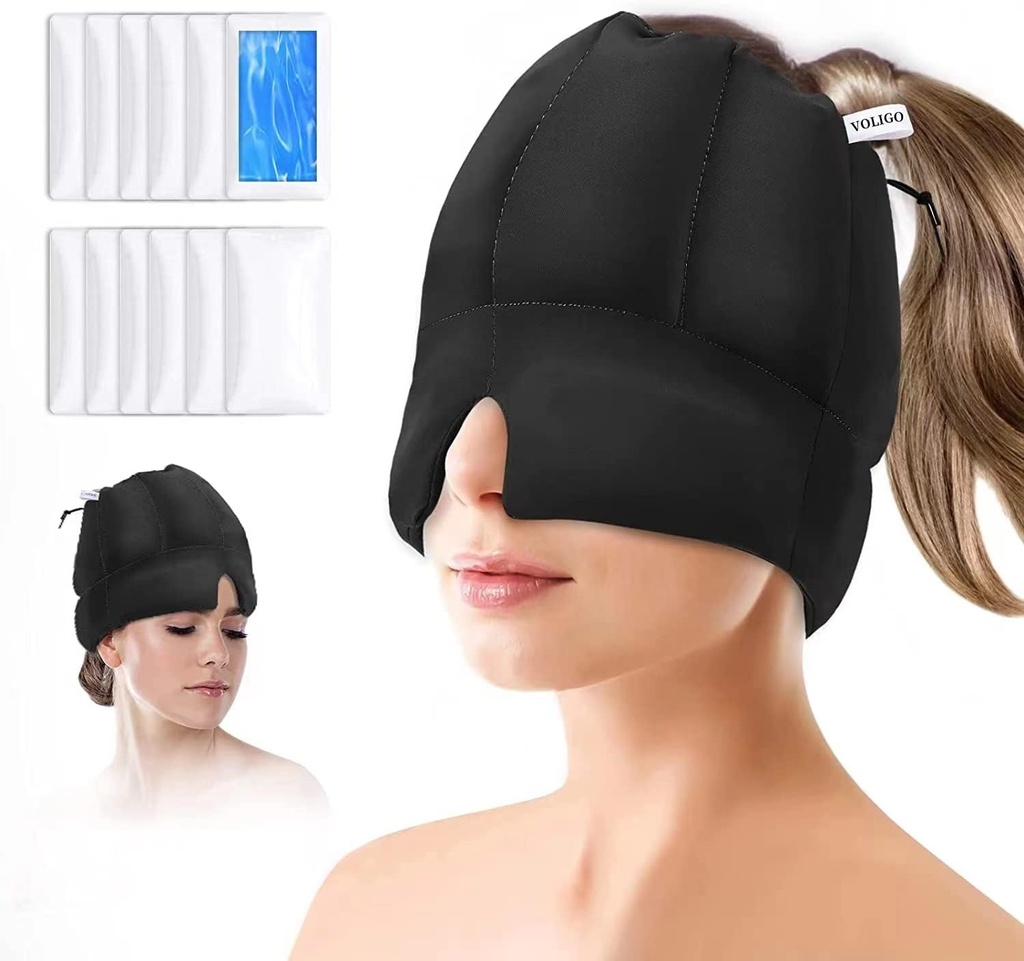 Migrena Ledena glava Pack - Glavobol Relief Cap s hladno kompresijo, Hladilni Gel Cap za sinus Relief, Obraz Hladna Kompresna glava pokrov za Tension, Stres in Mangover Relief(črna)