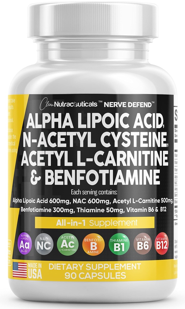 Alfa Lipoična kislina 600mg N-acetil Cistein 600mg Acetil L-Carnitine 500mg Benfotiamin 300mg - Živčna podpora dodatek za ženske in moške z vitaminom B1 B6 & B12 - Made in USA 90 Caps