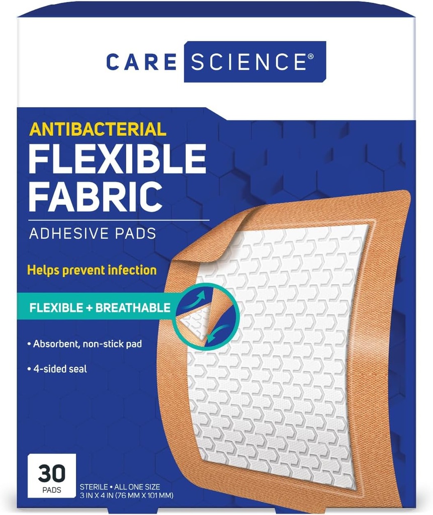 Care Science Fabric Adhesive Pad Bandages, 3x4 palcev Ekstra velike fleksibilne Ne-Stick Strip, pomaga preprečiti okužbo, dihalno zaščito, za prvo pomoč in nego ran, 30 Count