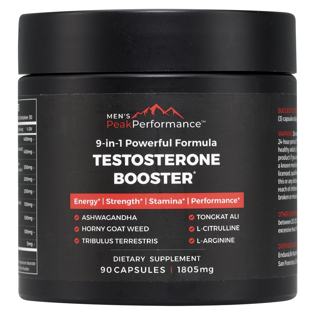 Men's PeakPerformance - Testosteron Booster dodatek za moške - povečanje Stamina, rast mišic, energijo, moč, vzdržljivost in pogon - Ashwagandha, Tribulus, L-Arginin, Tongkat Ali- 90 Kapsule
