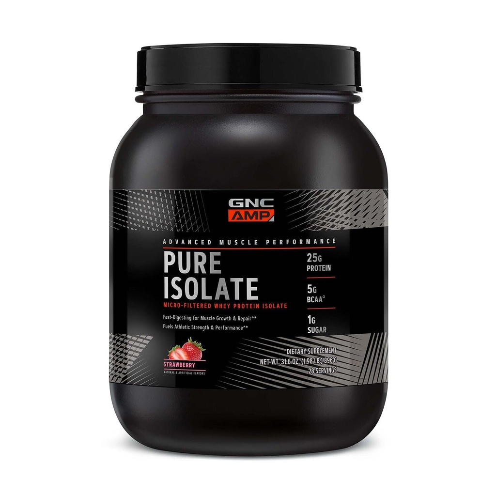 GNC AMP Čisti izolat sirotkinih beljakovin v prahu, rast mišic, regeneracija, zmogljivost, 25g beljakovin, 5g BCAA, 1g sladkorja, 130 kalorij ali manj, 3. stranka testiran, Gluten brez, Jagoda, 28 SVG
