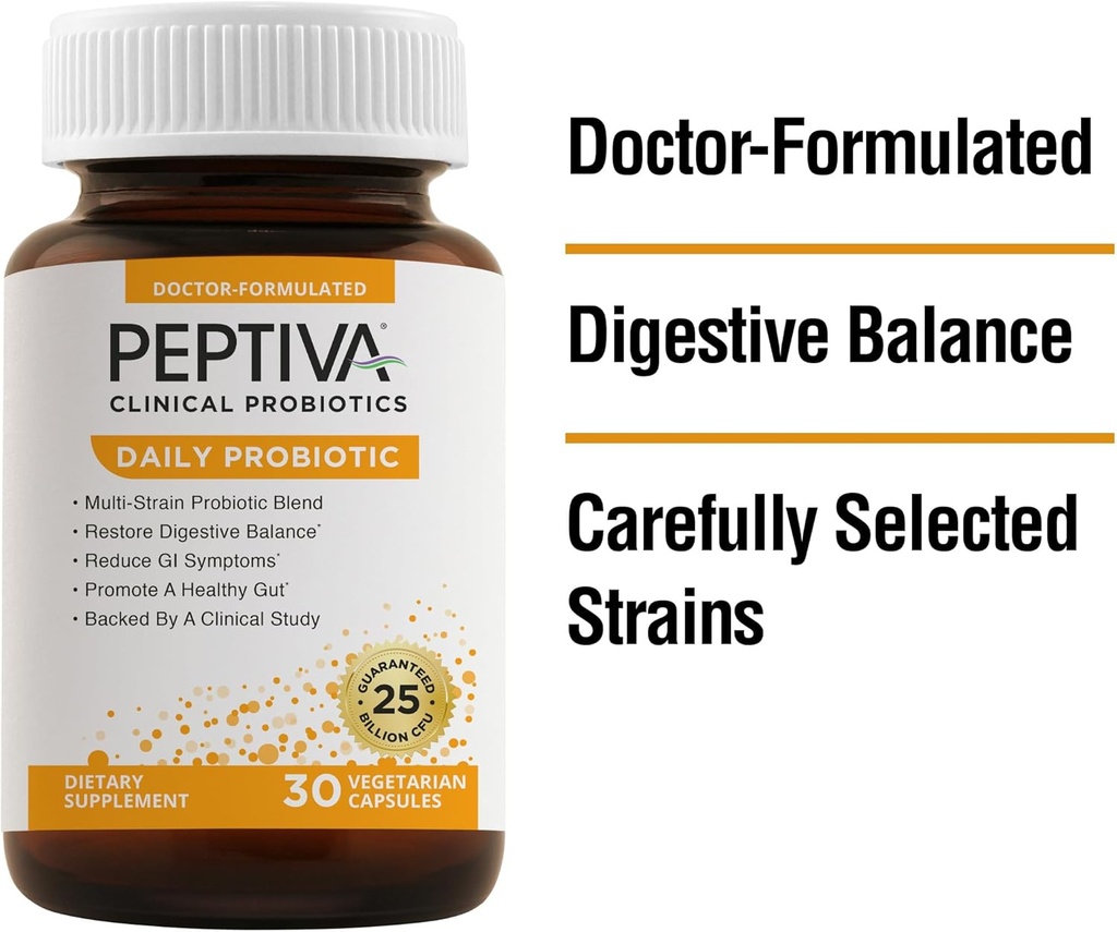 Peptiva Daily Probiotic, 25 milijard CFU, multi-strein probiotics, Lactobacillus Acidophilus, Bifidobacterium, Digestive Support dodatek - 30 Count