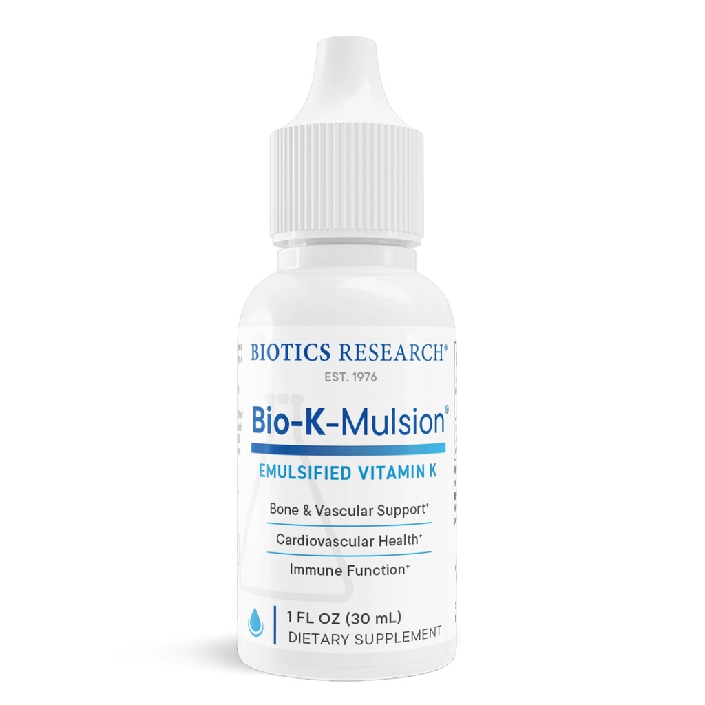 Biotics Research Bio K Mulsion Liquid Vitamin K Kapljice - 500 mcg/S - Vitamin K1 fitonadion za odrasle - VIT K dodatek - Močne kosti, zdravje srca, podpora za kloniranje krvi, 1 fl oz