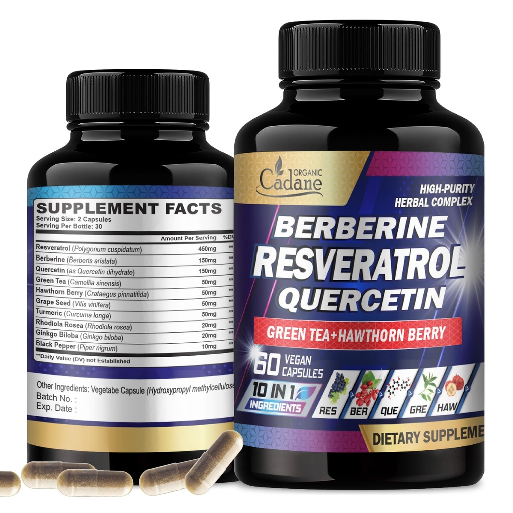 Cadane Resveratrol Supplement - 10in1 Plus s Quercetin, Berberine, Zeleni čaj, Grozdno seme, Hawthorn Berry, Kurkuma, Rhodiola Rosea, Ginkgo Biloba in Črni poper - 60 kapsul