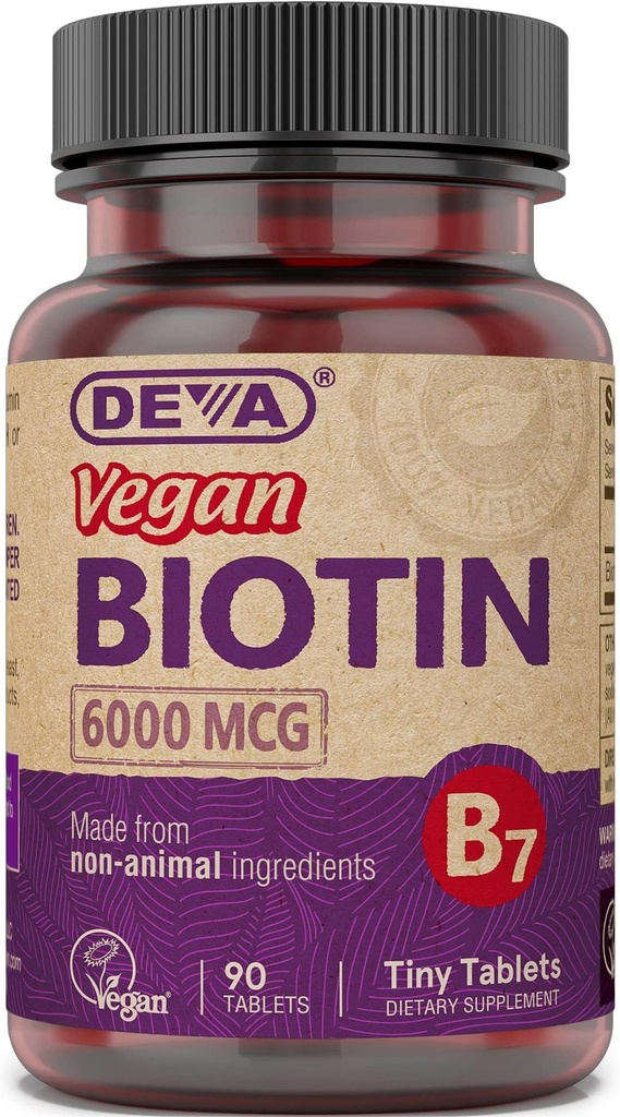 DEVA Vegan Biotin Dodatek 6000 μg – Easy-to-Swallow Vitamin B7, Majhne tablete, 90 Število