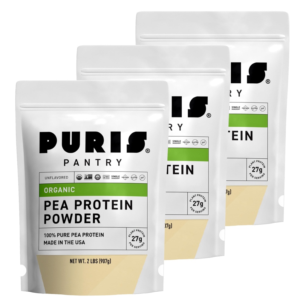 PURIS Organic Pea Protein Powder – USDA Organic Vegan Protein | 27g Plant Protein Per Serving | Non-GMO Gluten-Free Soy-Free | Clean Label | Smooth Taste | 2 lb (3 Pack)