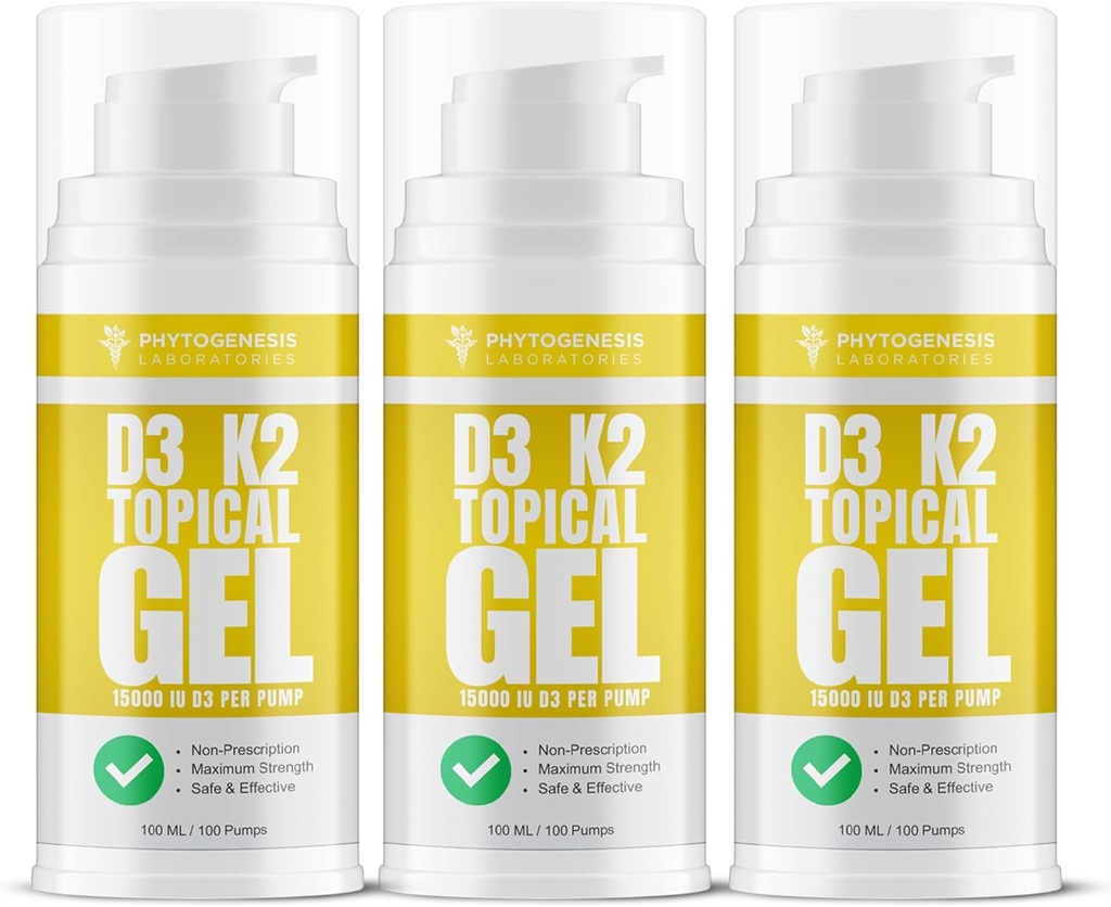 Vitamin D3 K2 Največja jakost Topični gel - 15000+ IU Na črpalko - Sunshine Vitamin - Podpira zdravje kosti in sklepov, Imunska podpora - En mesec dobave