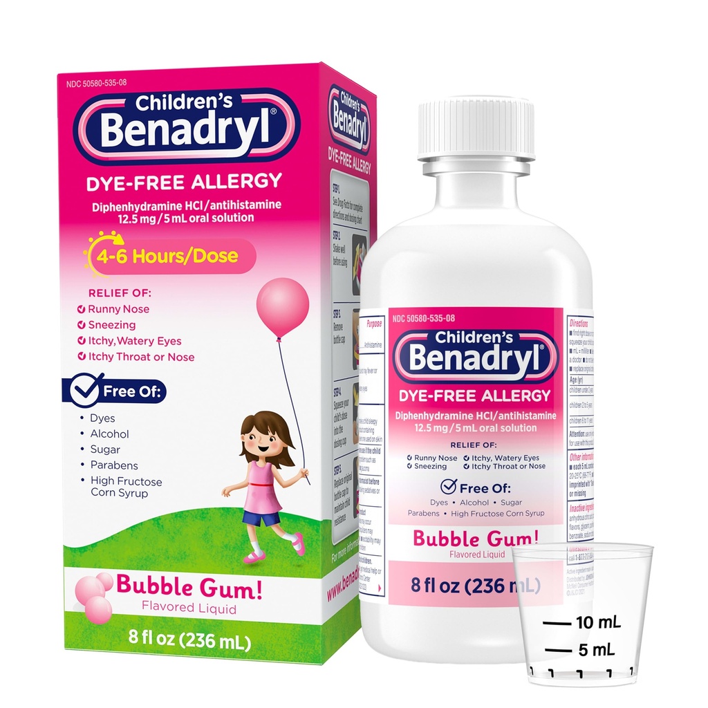 Benadryl Otroški Dye-free Alergy Relief Liquid, Alergija Medicine za otroke, 12,5 mg Difenhidramin HCl Antihistaminik, Relieves Runny Nose & Sneesing, Paraben-free, Bubble Gum Flavor, 8 fl.