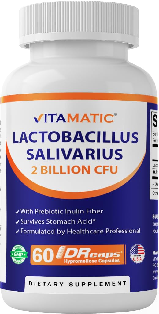 Vitamat Lactobacillus Salivarius 2 milijarda na DR kapsulo - 60 Count - Prebavna podpora - Izdelana s prebiotično inulin Fiber (1 steklenica)