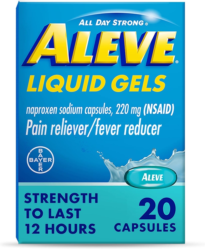 Aleve Pain Reliever & Fever Reductor Liquid Gels, Naproxen Natrijev, Pain Relief, 20 Število