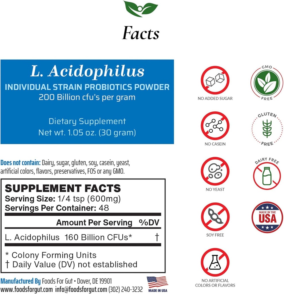 Živila za Gut Lactobacillus Acidophilus Probiotic Powder 200 Billion cfu's 