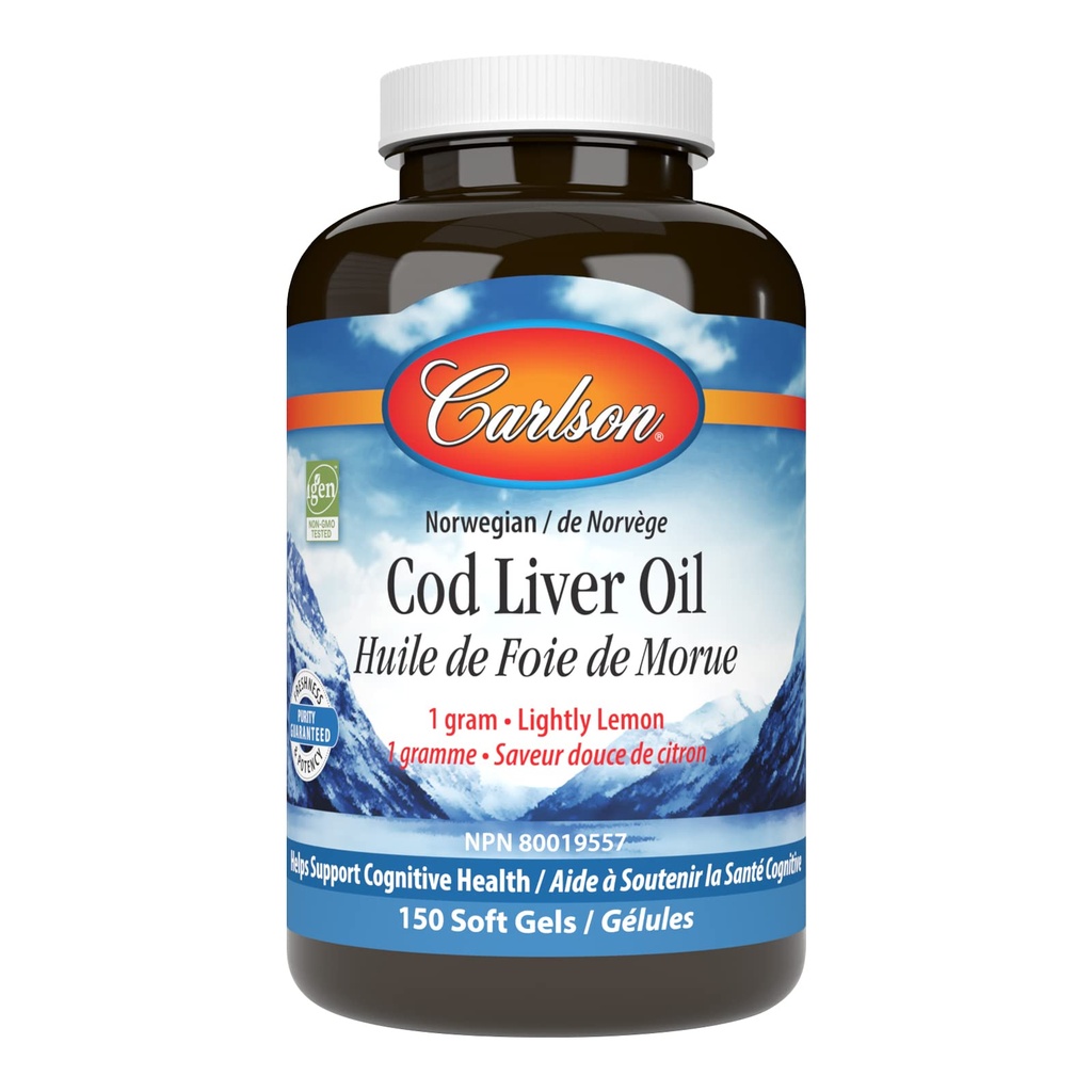 Carlson - Cod Jetrna olja Gems, 460 mg Omega-3s + vitamini A & D3, Wild-Ujet norveški arktični trska-liver olje, Trajno izvorno Nordijsko ribje olje kapsule, Lemon, 150 Soft Gels