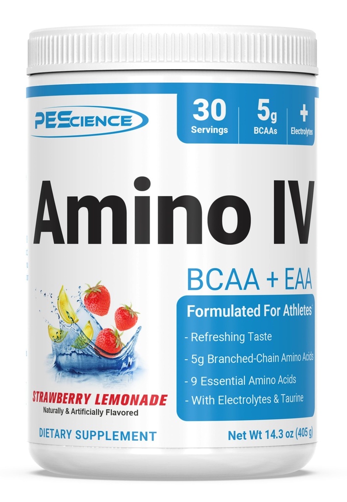 PEScience Amino IV BCAA & EAA prašek, Esencialne aminokisline, tavrin, elektroliti za hidracijo in obnovo mišic, sladkor brez dajatev za moške in ženske, postworkout - Jagodna limonada, 30 Strežnice