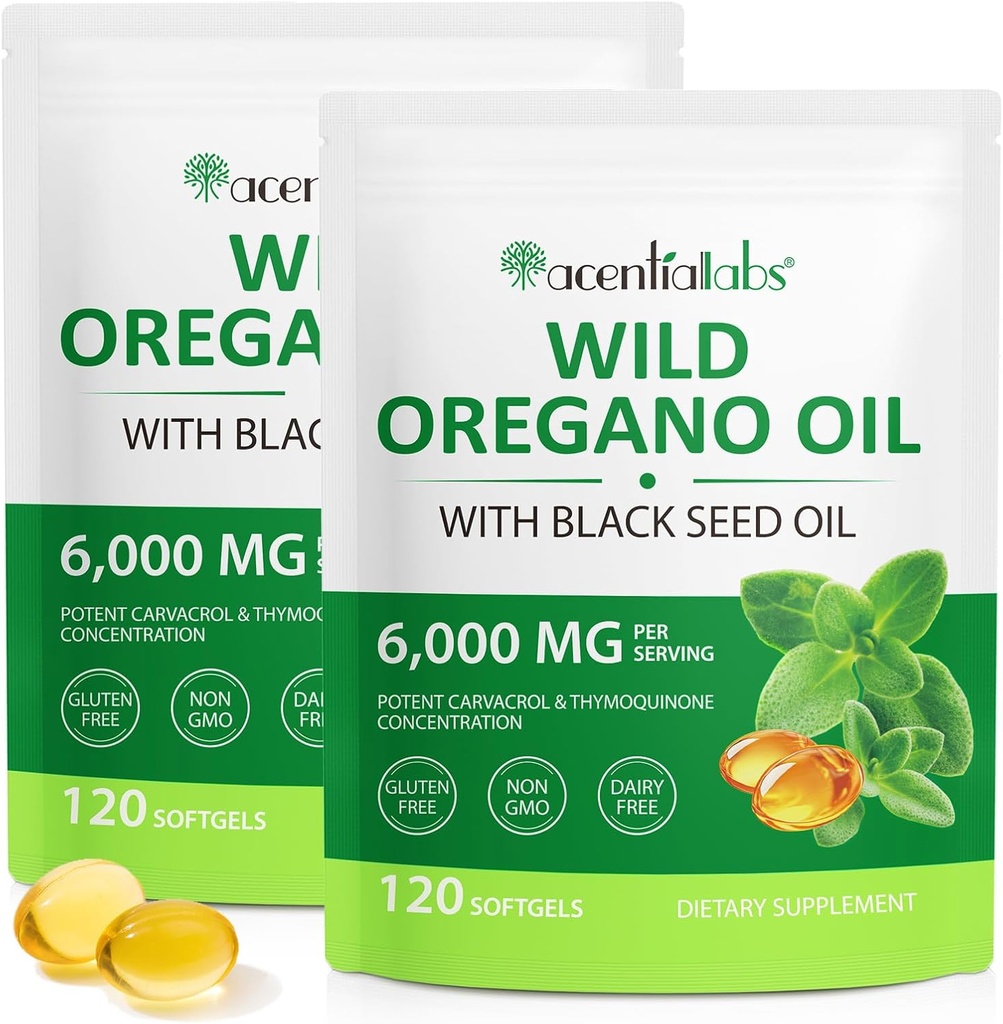 Olje Origano Softgels 6000mg 2 paket, 2 v 1 Formulirano s črnim oljem 120 Število, Origano Oil Kapsule Organic, Gluten Free Oil of Origano Softgels, Non-GMO & Imunska podpora