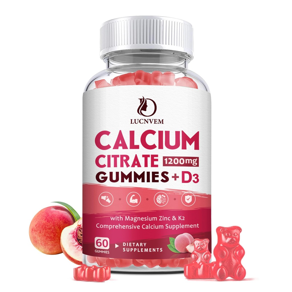 Kalcijev citrat 1200mg z vitaminom D3 Gumiji, kalcijevih gumijev z vitaminom D3 za ženske in moške, Cal Magnezijev cink za kosti mišice zdravo- naravno bele breskve arome- 30 dan