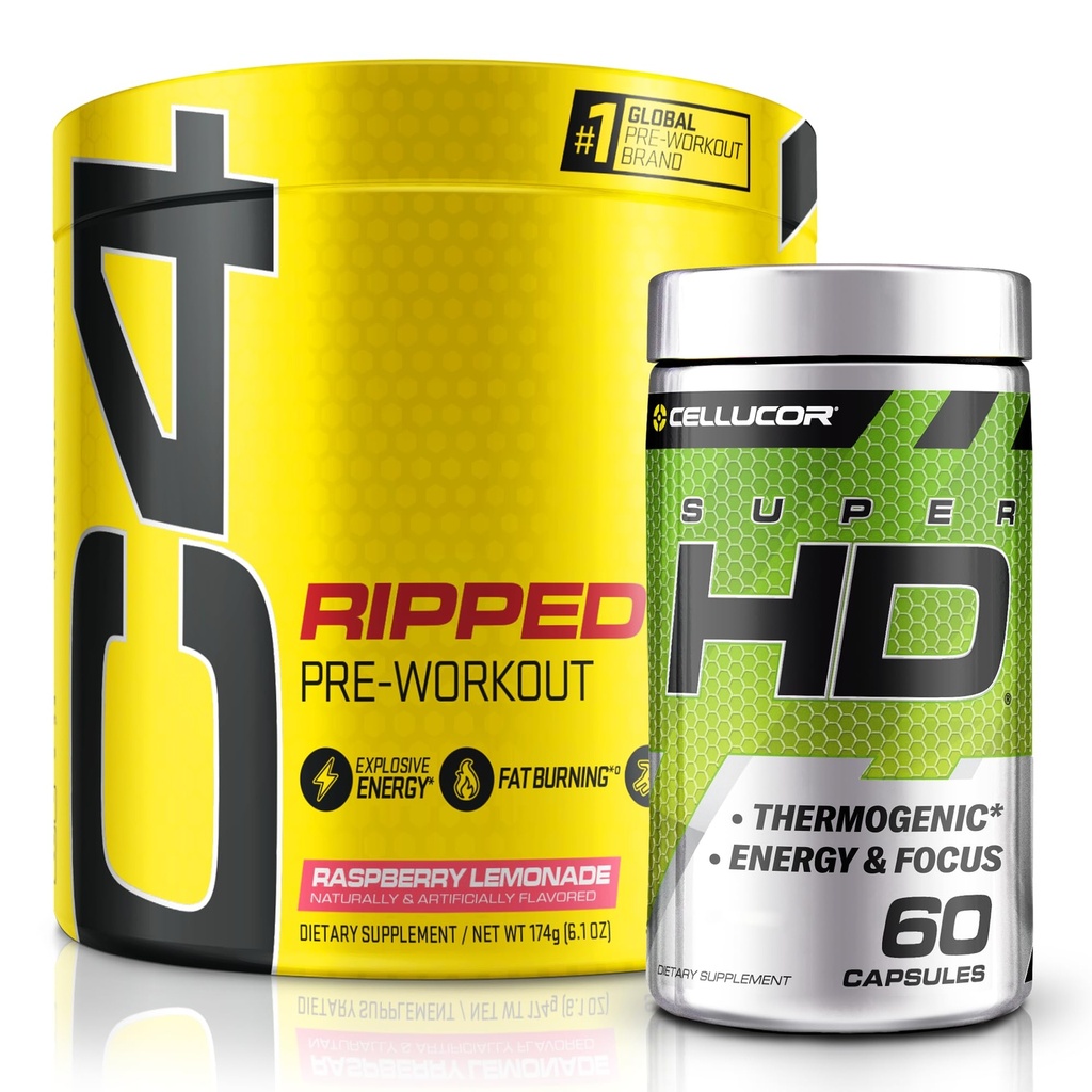 C4 Ripped & SuperHD, The The Termogenic Bundle, C4 Ripped Pre Workout Powder, Raspberry Limonade 30 Serving + SuperHD z Capsimax in izvleček zelenega čaja, 60 Serving