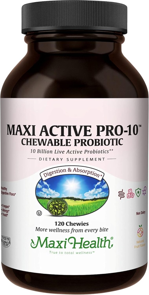 Maxi Health Active Pro-10 Otroci Probiotični žvečilni izdelki – 15 Sevi za prebavno in imuno zdravje –10 Milijarda probiotična mešanica- Mlečni-Free, Kosher – Podpira Gut Health, Vegetarian – 60 ct (Shelf Stable)