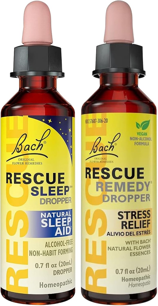RESCUE Stress Relief & Sleep Support Bundele, non-Alcohol Formule, Bach Remedy Dropper 20mL 2-Pack Sleep Dropper 20mL, homeopatski cvet Esences