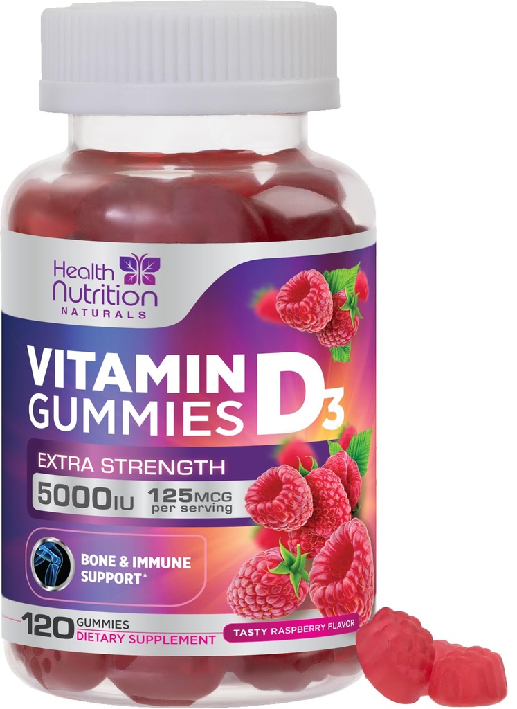 Vitamin D3 Gummies 5000 i.e. (125 μg) - Trojna moč Kost in Imunska podpora, Vitamin D Gummi Prehranska dopolnila, Narava Berry D Vitamin dodatek, Raspberry Okusen, Non-GMO - 120 Gummies