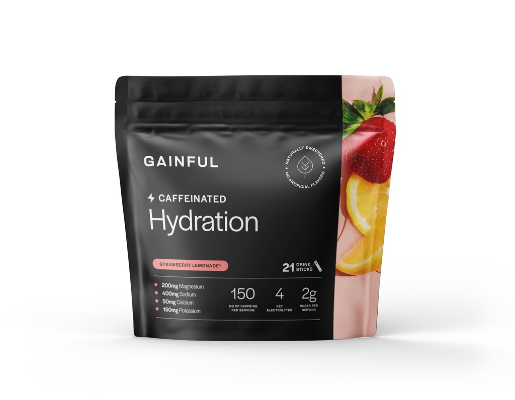 Gainful Hydration + Kofein Powder Packets s ključnimi elektroliti Magnezij in natrij + L Theanin, Nizka sladkorna pijača Mix, Jagodna limonada, 21 palice
