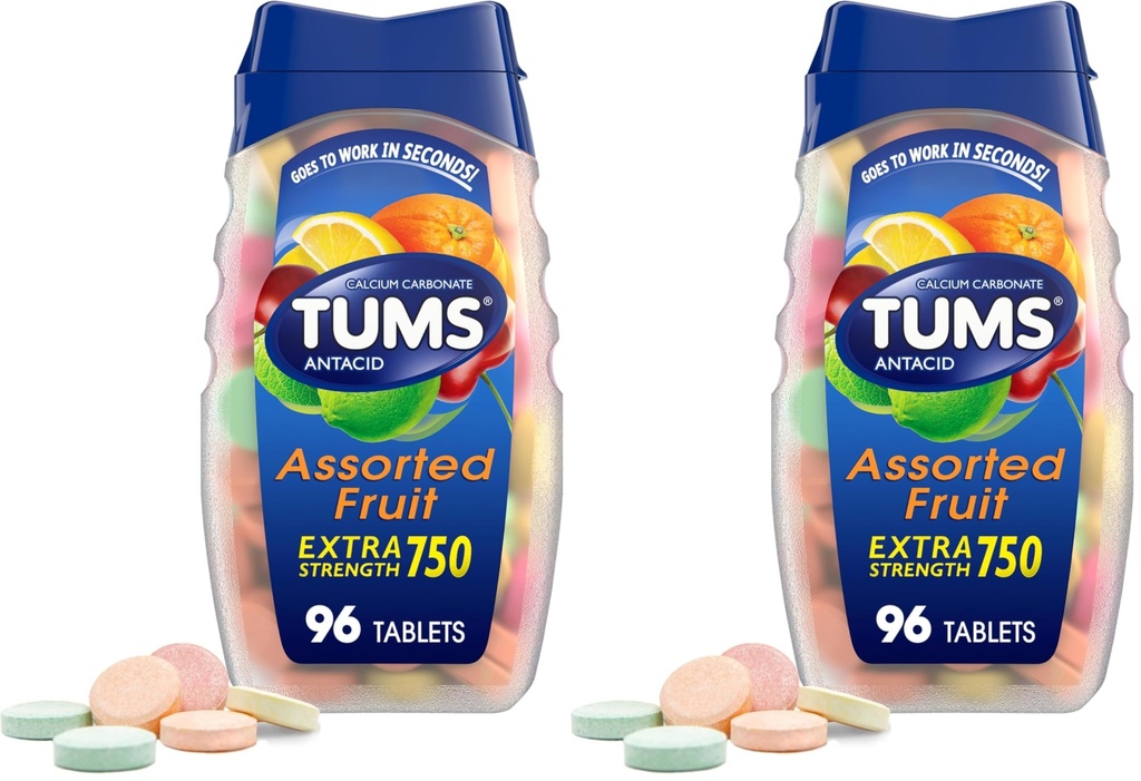 TUMS ekstra moč Antacid tablete za žvečljivo zgago Relief in kisle prebavne motnje, Razvrščene arome sadja - 96 Število (Pack po 2)